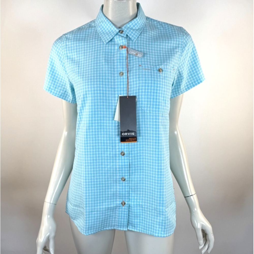 Orvis Plaid Tech Chambray Shirt Women S NWT Short Sleeve Pocket Stretch UPF 30+